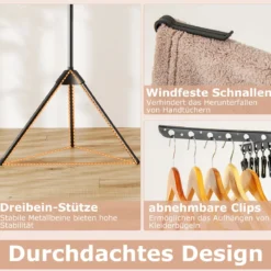 3-stufiger Wäscheständer klappbar 178cm freistehender Dreibein-Trockenständer mit 24 Clips & 32 Stangen Schwarz