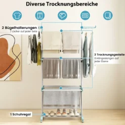 3-stufiger Wäscheständer zusammenklappbarer Wäschetrockner mit drehbaren Seitenflügeln 127 x 63 x 171 cm Blau