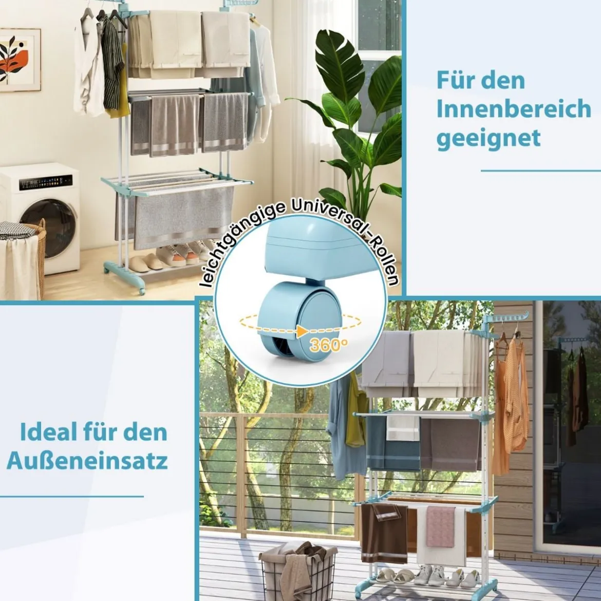 3-stufiger Wäscheständer zusammenklappbarer Wäschetrockner mit drehbaren Seitenflügeln 127 x 63 x 171 cm Blau