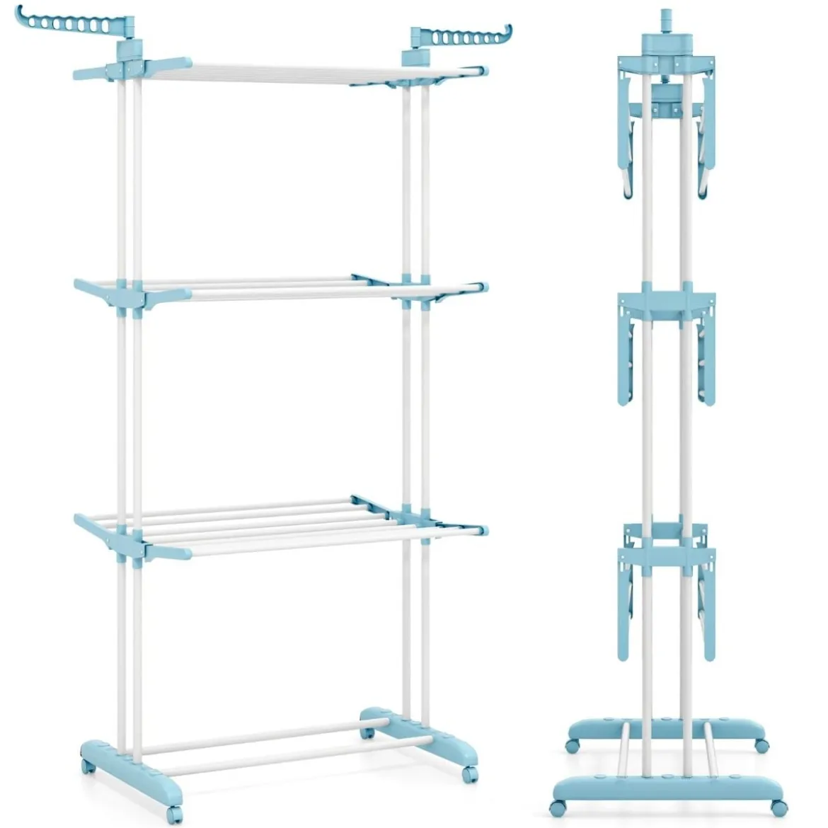 3-stufiger Wäscheständer zusammenklappbarer Wäschetrockner mit drehbaren Seitenflügeln 127 x 63 x 171 cm Blau