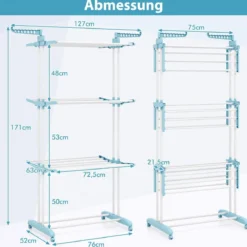3-stufiger Wäscheständer zusammenklappbarer Wäschetrockner mit drehbaren Seitenflügeln 127 x 63 x 171 cm Blau