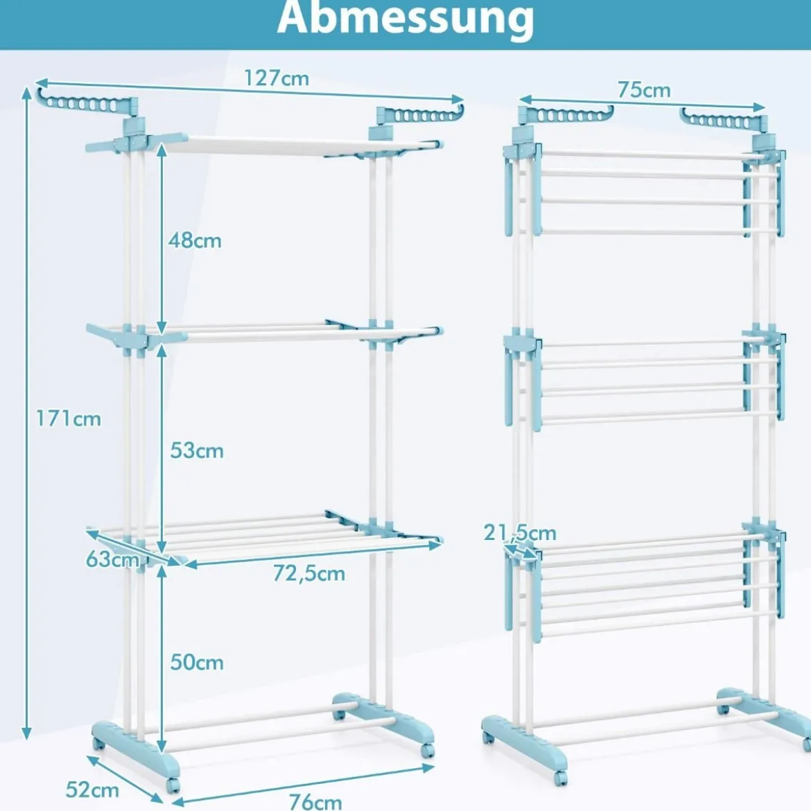 3-stufiger Wäscheständer zusammenklappbarer Wäschetrockner mit drehbaren Seitenflügeln 127 x 63 x 171 cm Blau