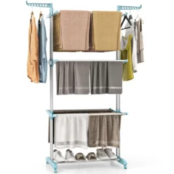 3-stufiger Wäscheständer zusammenklappbarer Wäschetrockner mit drehbaren Seitenflügeln 127 x 63 x 171 cm Blau