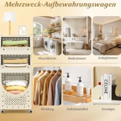 4-stufiger Wäschewagen faltbarer Wäschekorb mit abschließbaren Rollen 2 Körbe 6 Haken Beige