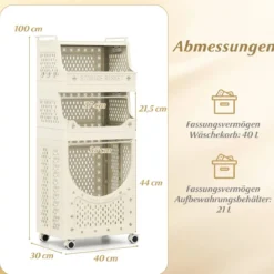 4-stufiger Wäschewagen faltbarer Wäschekorb mit abschließbaren Rollen 2 Körbe 6 Haken Beige