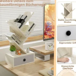 5-stufiges Baum-Bücherregal mit Schublade Mehrzweckregal CD- & DVD-Regal Beige