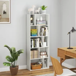 5-stufiges Bücherregal mit 10 Fächern Freistehender Raumteiler Holzregal Offenes Regal