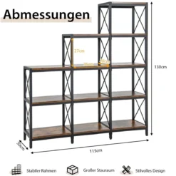 5-stufiges Bücherregal mit Rahmen aus Kohlenstoffstahl Kippschutz & verstellbaren Fußpolstern Rustikales Braun