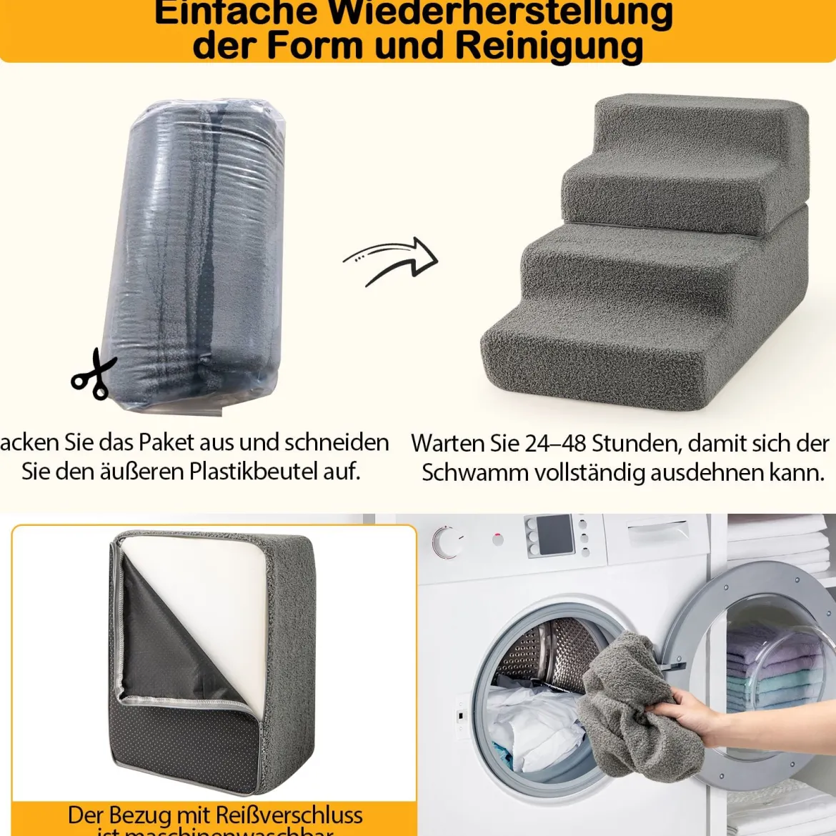 4-stufige Schaumstoff-Hundetreppe faltbare Hundetreppe mit rutschfestem Boden & abnehmbarer waschbarer Bezug Grau