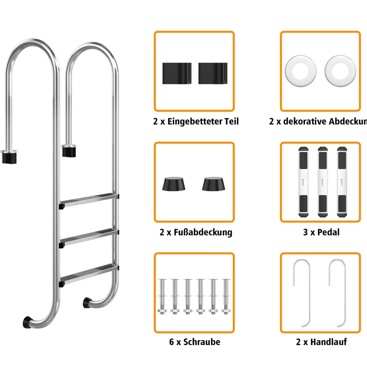 3-stufige Schwimmbad-Leiter U-förmige Pool mit rutschfesten Stufen Edelstahl Poolleiter 161 x 53 x 38 cm Silber