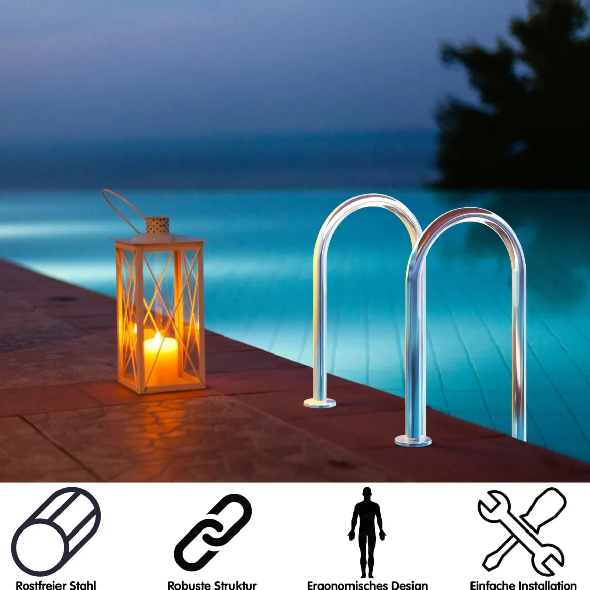 3-stufige Schwimmbad-Leiter U-förmige Pool mit rutschfesten Stufen Edelstahl Poolleiter 161 x 53 x 38 cm Silber