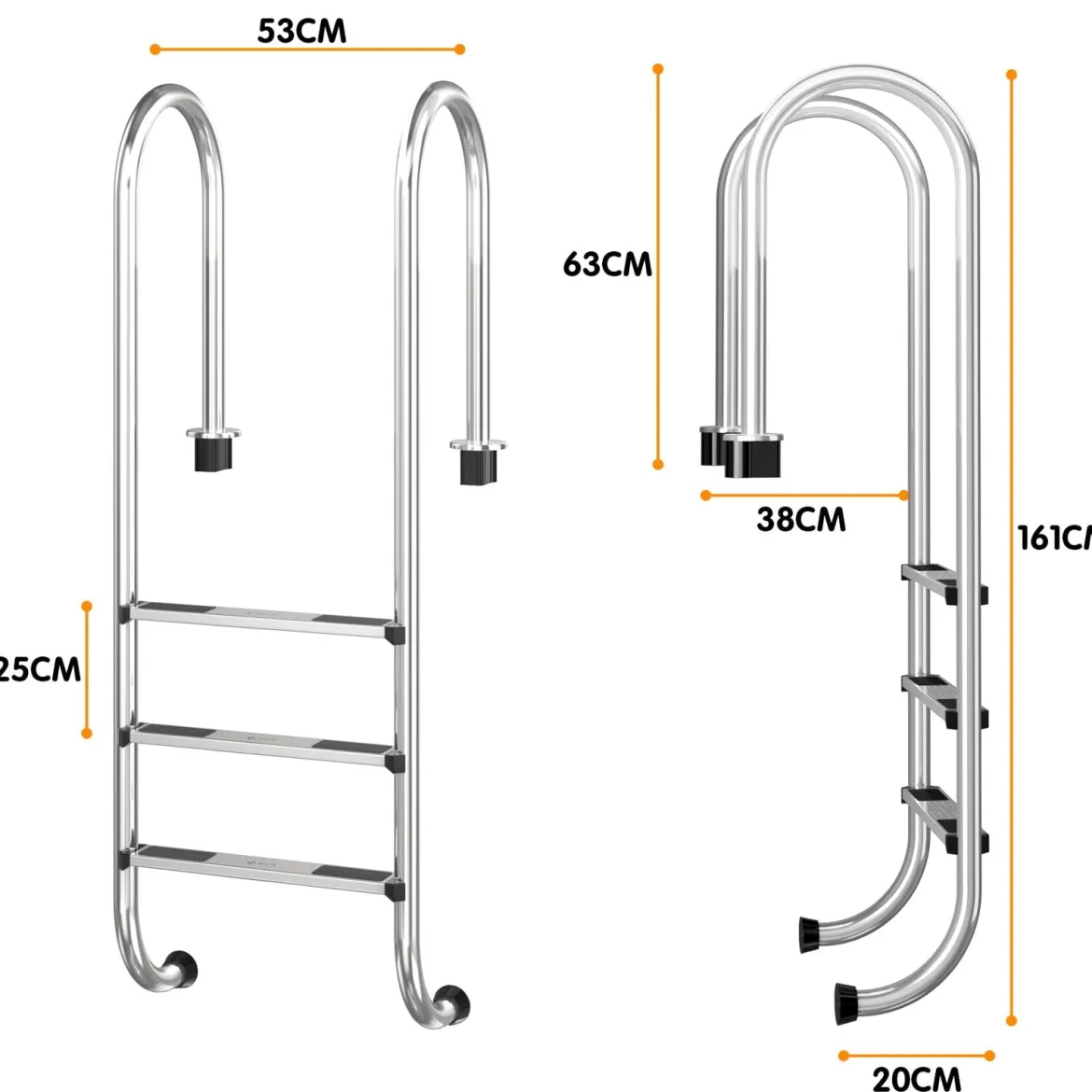 3-stufige Schwimmbad-Leiter U-förmige Pool mit rutschfesten Stufen Edelstahl Poolleiter 161 x 53 x 38 cm Silber
