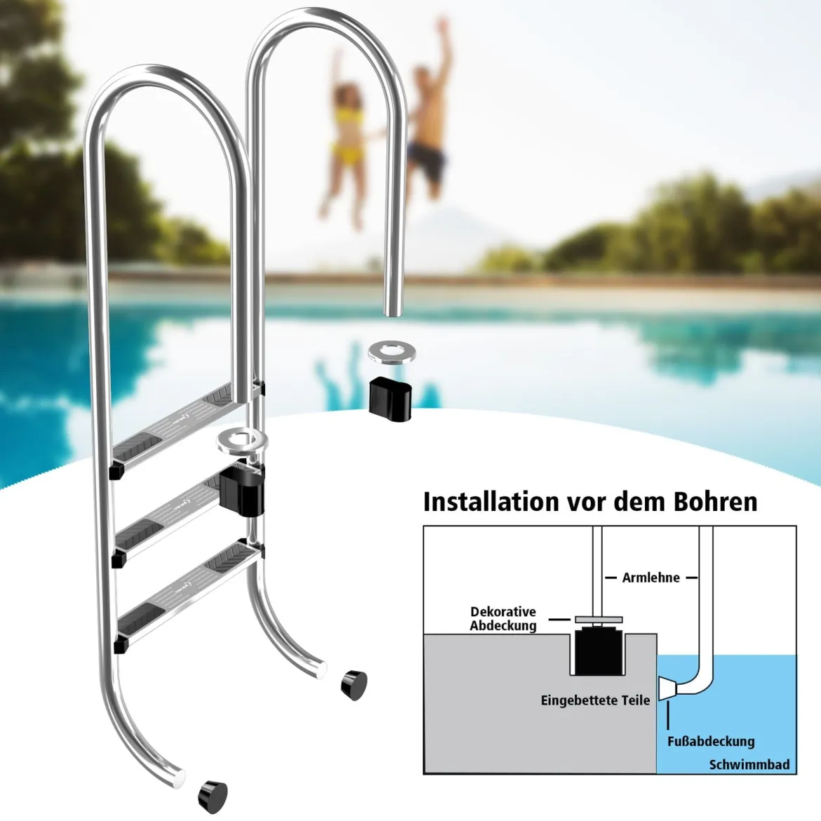 3-stufige Schwimmbad-Leiter U-förmige Pool mit rutschfesten Stufen Edelstahl Poolleiter 161 x 53 x 38 cm Silber