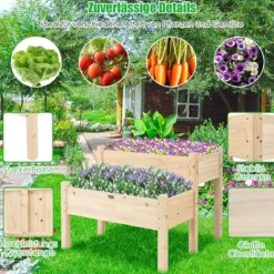 2-stufiges Hochbeet aus Holz Hochbeet Blumentreppe erhöhtes Gartenbeet 86 x 85 x 72,5 cm Natur
