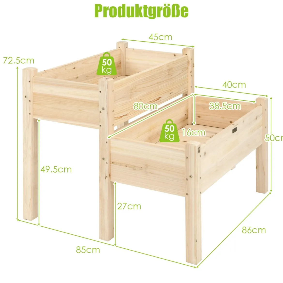 2-stufiges Hochbeet aus Holz Hochbeet Blumentreppe erhöhtes Gartenbeet 86 x 85 x 72,5 cm Natur