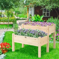 2-stufiges Hochbeet aus Holz Hochbeet Blumentreppe erhöhtes Gartenbeet 86 x 85 x 72,5 cm Natur