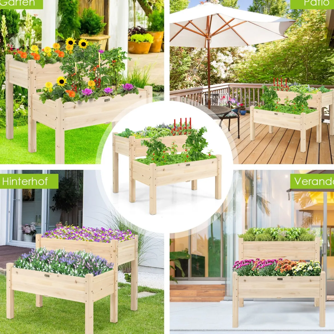 2-stufiges Hochbeet aus Holz Hochbeet Blumentreppe erhöhtes Gartenbeet 86 x 85 x 72,5 cm Natur