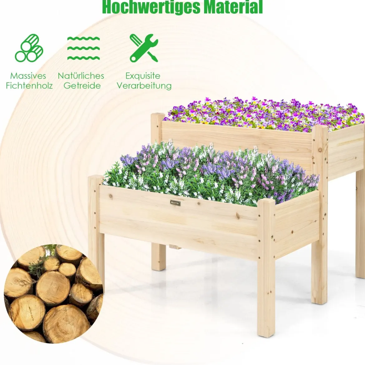 2-stufiges Hochbeet aus Holz Hochbeet Blumentreppe erhöhtes Gartenbeet 86 x 85 x 72,5 cm Natur