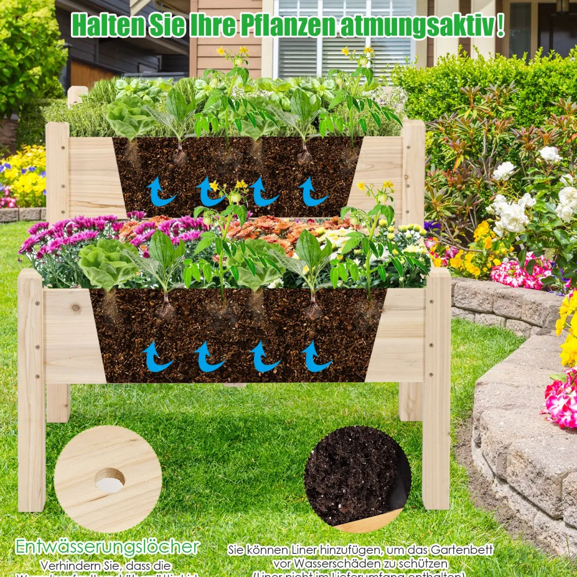 2-stufiges Hochbeet aus Holz Hochbeet Blumentreppe erhöhtes Gartenbeet 86 x 85 x 72,5 cm Natur