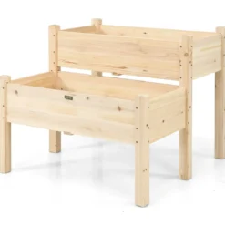 2-stufiges Hochbeet aus Holz Hochbeet Blumentreppe erhöhtes Gartenbeet 86 x 85 x 72,5 cm Natur