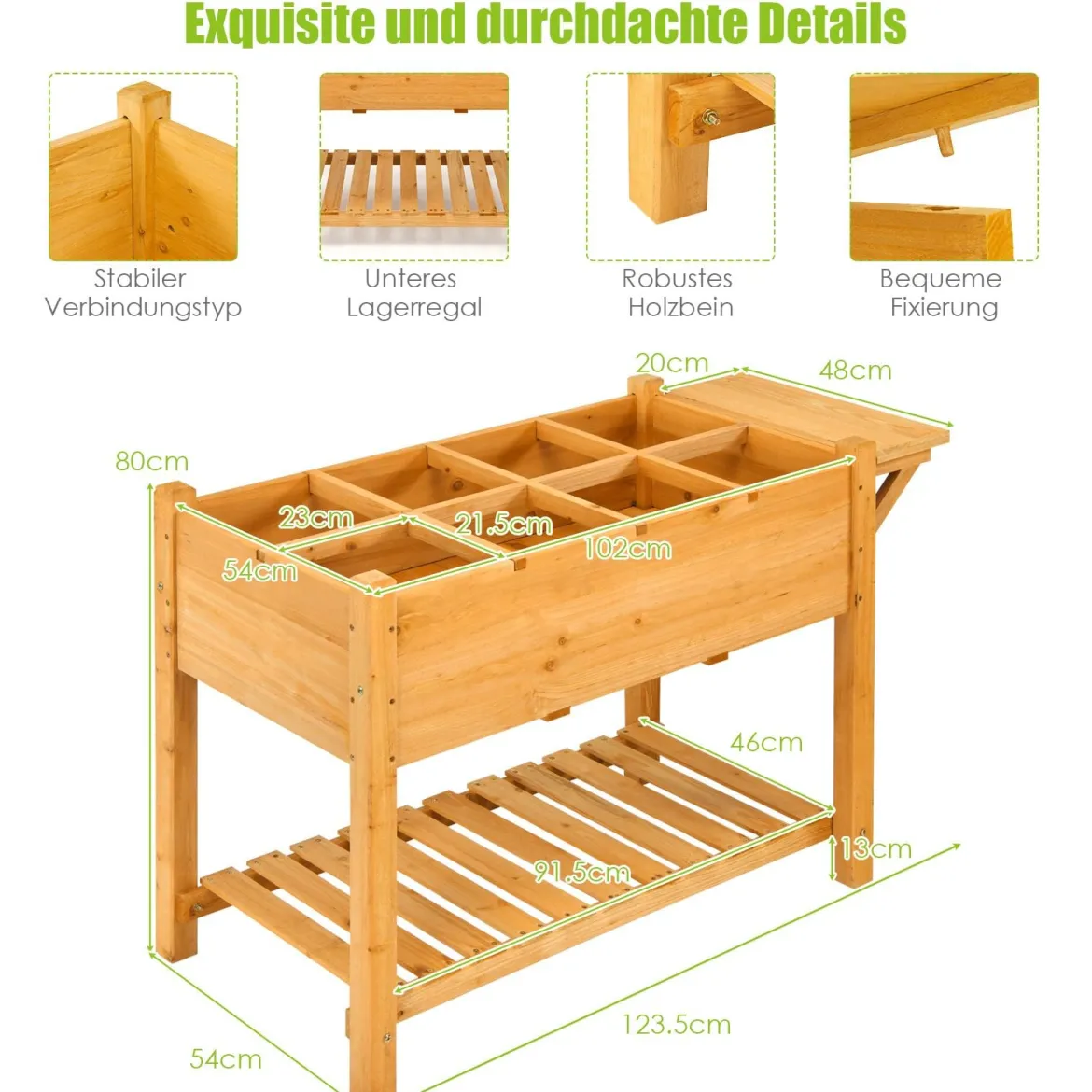 2-stufiges Hochbeet aus Holz Hochbeet 8 Fächer Pflanzkübel 123,5 x 54 x 80 cm Natur
