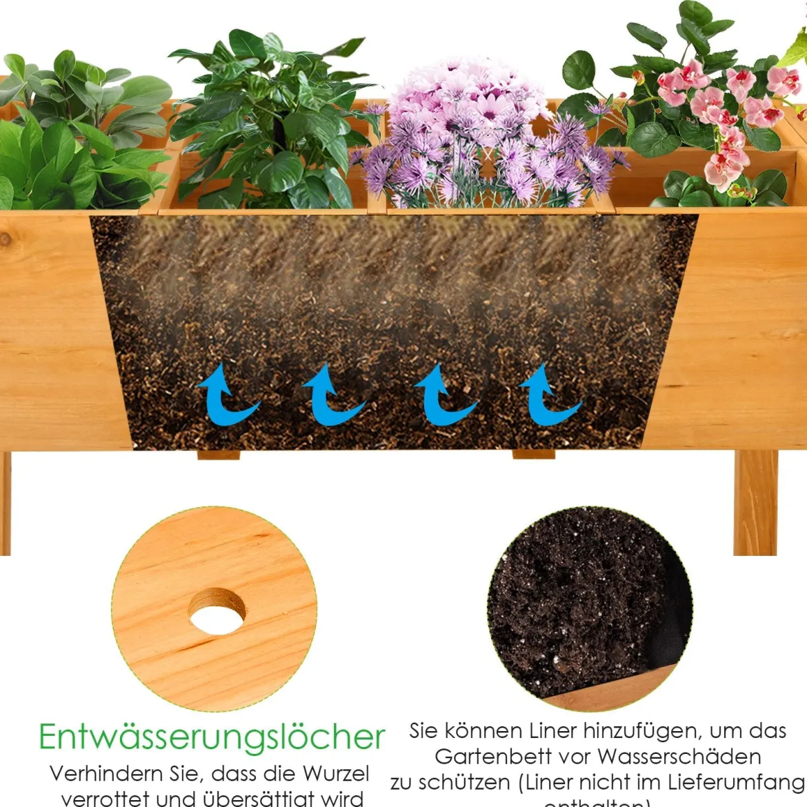 2-stufiges Hochbeet aus Holz Hochbeet 8 Fächer Pflanzkübel 123,5 x 54 x 80 cm Natur
