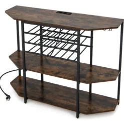 3-stufiges Industrielles Weinregal mit Steckdosen & Flaschenregal & Glashaltern Weinbarschrank Braun
