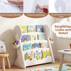 4-stufiges Kinderbücherregal Kinderregal mit 2 Aufbewahrungsboxen & umkehrbarem unterem Regalboden Weiß