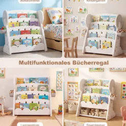 4-stufiges Kinderbücherregal Kinderregal mit 2 Aufbewahrungsboxen & umkehrbarem unterem Regalboden Weiß