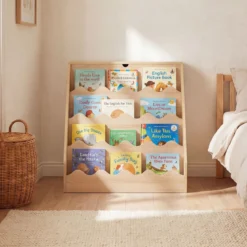 4 Stufiges Kinder Bücherregal mit Aufklappbaren Fach & Schublade auf Rollen Kinderregal Natur
