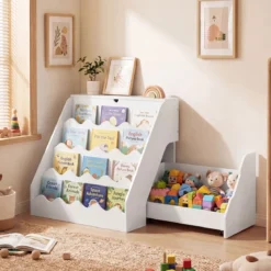 4 Stufiges Kinder Bücherregal mit Aufklappbaren Fach & Schublade auf Rollen Kinderregal Weiß