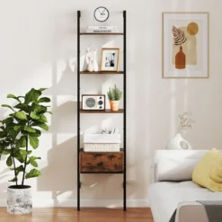 5-stufiges Leiterregal mit Schublade & Metallrahmen Wandmontiertes Bücherregal Braun