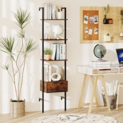 5-stufiges Leiterregal mit Schublade & Metallrahmen Wandmontiertes Bücherregal Braun