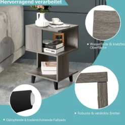 2-Stufiges Nachttisch-Set 2 Beistelltische mit Massivholzbeinen 40 x 40 x 64 cm Grau