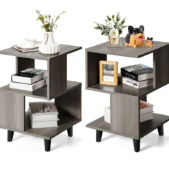 2-Stufiges Nachttisch-Set 2 Beistelltische mit Massivholzbeinen 40 x 40 x 64 cm Grau