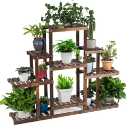 6-stufiges Pflanzenregal freistehender rustikaler Pflanzenständer aus Holz braun 120 x 25 x 96 cm