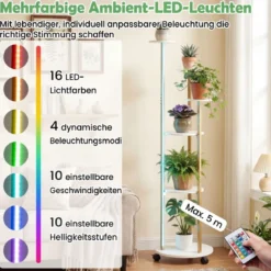 6-stufiges Pflanzenständer mit LED-Beleuchtung & Rollen Blumenständer Pflanzenregal Weiß + Gold