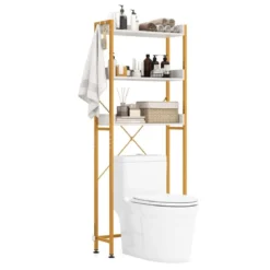 3-stufiges Toilettenregal mit 4 Haken & Verstellbaren Füßen Platzsparendes Badregal Weiß