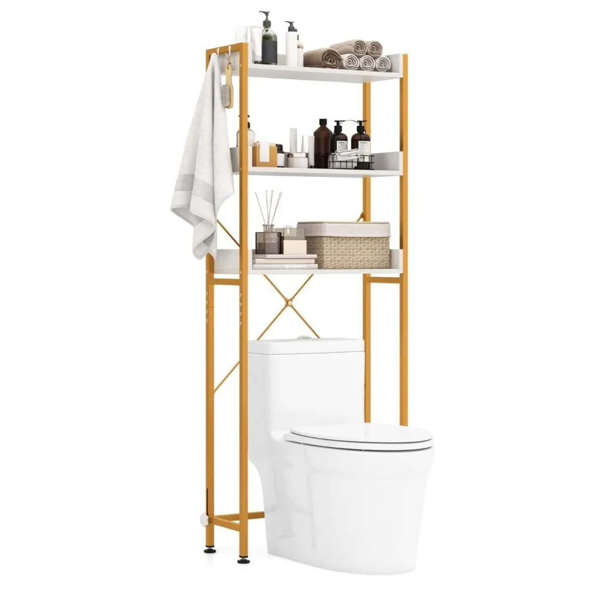 3-stufiges Toilettenregal mit 4 Haken & Verstellbaren Füßen Platzsparendes Badregal Weiß