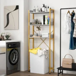 3-stufiges Toilettenregal mit 4 Haken & Verstellbaren Füßen Platzsparendes Badregal Weiß