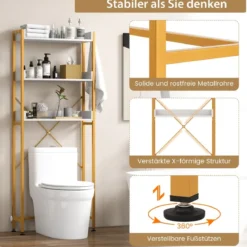 3-stufiges Toilettenregal mit 4 Haken & Verstellbaren Füßen Platzsparendes Badregal Weiß