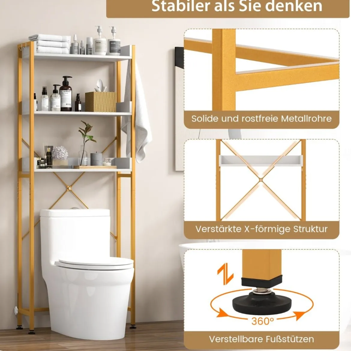 3-stufiges Toilettenregal mit 4 Haken & Verstellbaren Füßen Platzsparendes Badregal Weiß