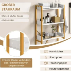 3-stufiges Toilettenregal mit 4 Haken & Verstellbaren Füßen Platzsparendes Badregal Weiß