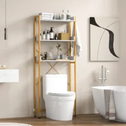 3-stufiges Toilettenregal mit 4 Haken & Verstellbaren Füßen Platzsparendes Badregal Weiß
