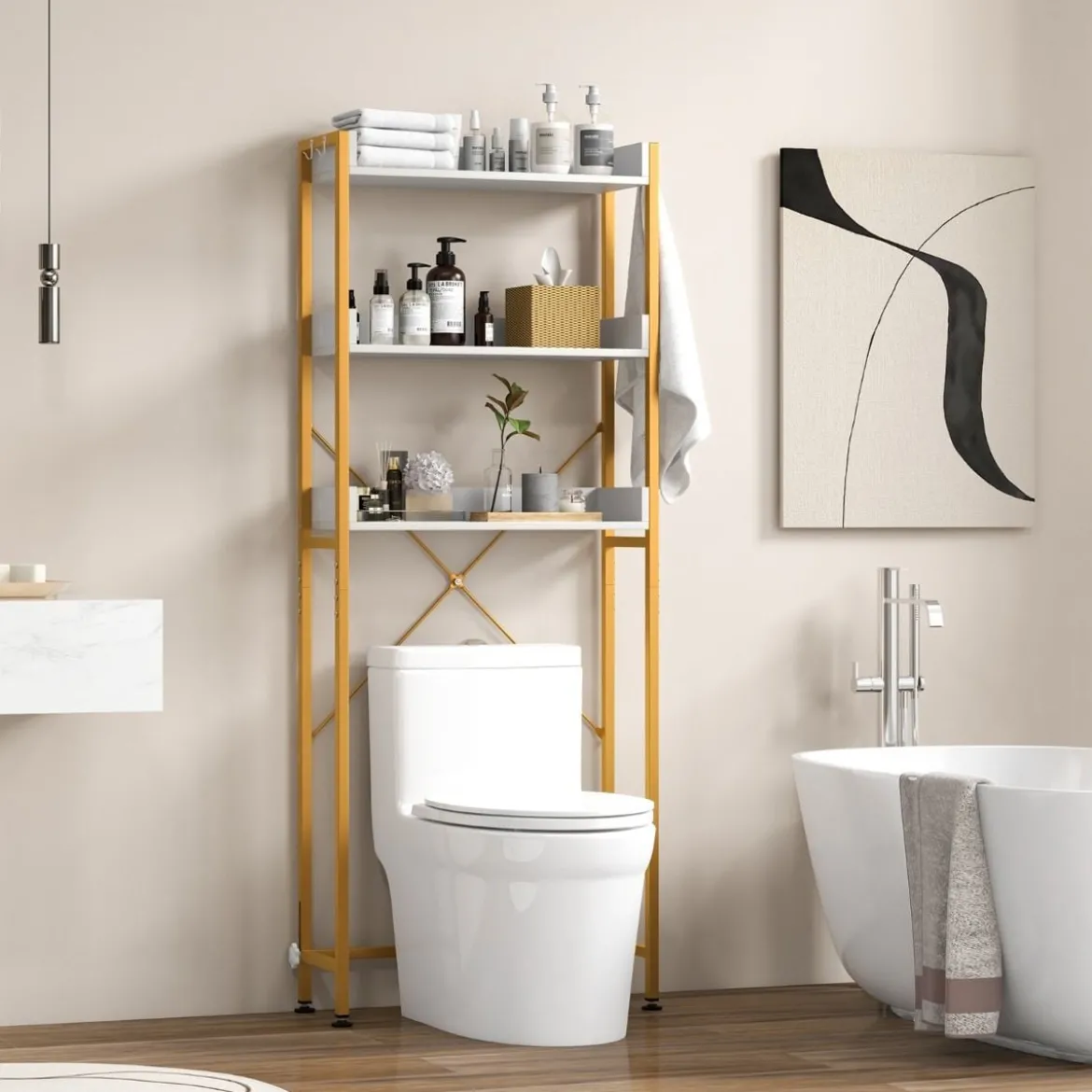 3-stufiges Toilettenregal mit 4 Haken & Verstellbaren Füßen Platzsparendes Badregal Weiß