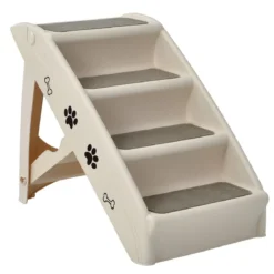 4-stufige Zusammenklappbare Haustierleiter aus Kunststoff Kletterleiter 62,5 x 38 x 49 cm Beige