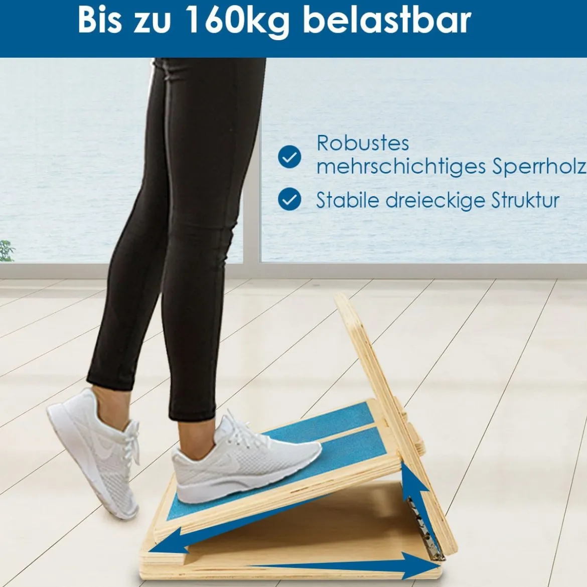 4-stufig Fußbrett verstellbares Trittbrett Holzschrägbrett mit Drehscharnier und rutschfester Trittfläche 160 KG Tragkraft