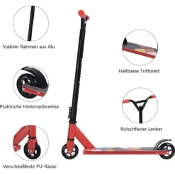 Stunt-Scooter Premium-Freestyle-Scooter für Kinder leichter Aluminium-Tretroller 68 x 47,5 x 82 cm Rot