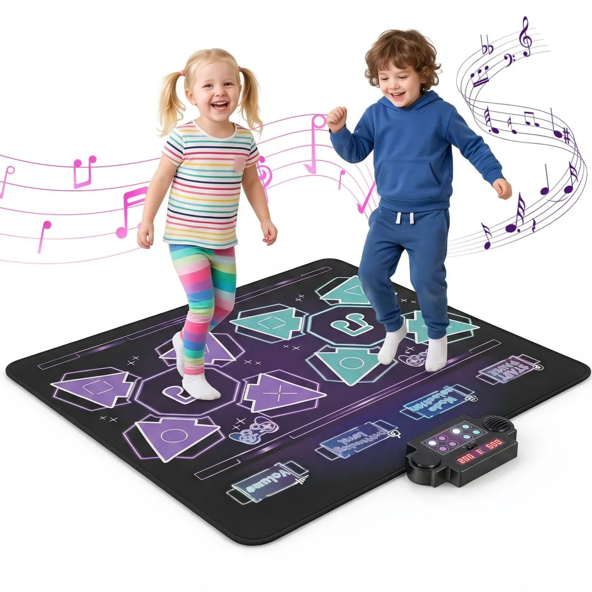 Tanzmatte für 2 Kinder Musikmatte mit LED-Lichtern & 4 Modi 102 x 90 cm Schwarz