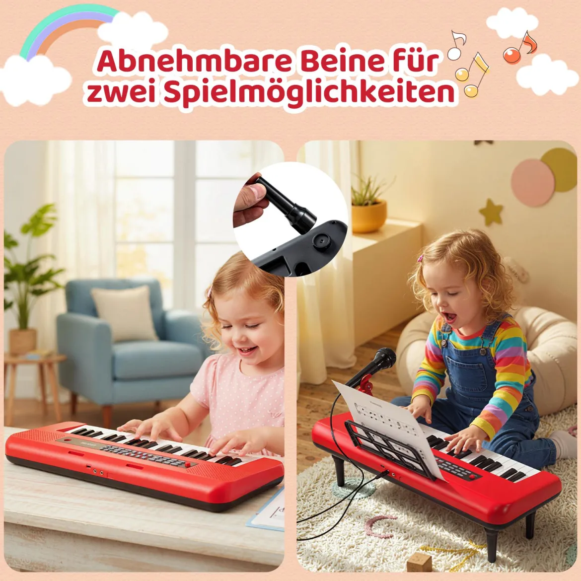 37 Tasten Elektronisches Klavier mit Mikrofon & Notenständer & Abnehmbare Beine Digitalpiano Rot